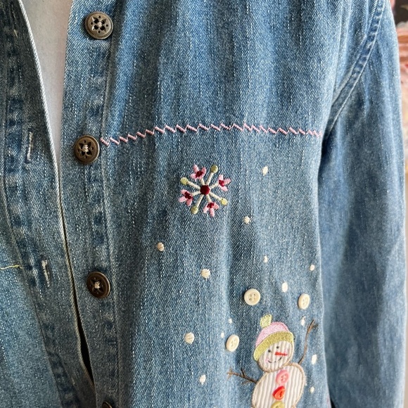 SOLD Christopher & Banks Embroidered Denim Shirt with Snowman Design Hol - Picture 2 of 12
